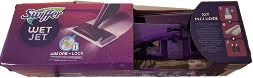 Kit de pornire Swiffer WetJet, sistem de pulverizare multifunctional pentru toate tipurile de podele, cu mop, solutie de curatare si lavete, indeparteaza murdaria persistenta fara reziduuri