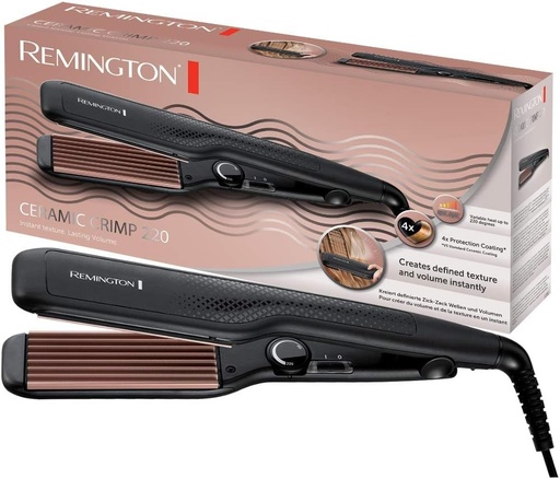 Sertizator Remington (37 mm), invelis ceramic-turmalina, 4x protectie pentru par, interval de temperatura 150-230°C, placi late, cablu rotativ de 1,8 m, husa inclusa, negru, sertizator ceramic S3580