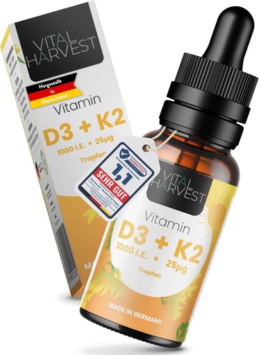 Vital Harvest® Picaturi Premium Vitamina D3 K2 1000 UI 50ml | Doza mare de D3 si K2 MK-7 | Vitamina D3 + Vitamina K2 MK7 vegana, testata in laborator, fabricata in Germania - fara aditivi