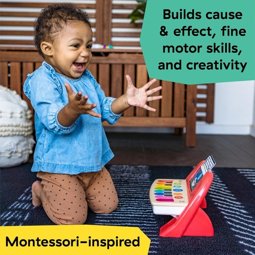 Baby Einstein, Hape, Cal's First Melodies Magic Touch Piano, Jucarie muzicala din lemn, Instrument muzical electronic pentru copii, 6 melodii, 4 voci muzicale, 3 partituri, de la 6 luni