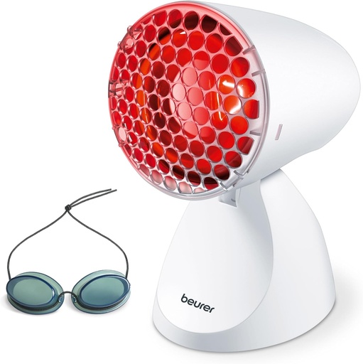 Lampa cu infrarosu Beurer IL 11 cu grila de protectie, dispozitiv medical cu caldura calmanta pentru utilizarea in tratarea racelilor si a tensiunii musculare, 5 setari de inclinare, inclusiv ochelari de protectie, alb