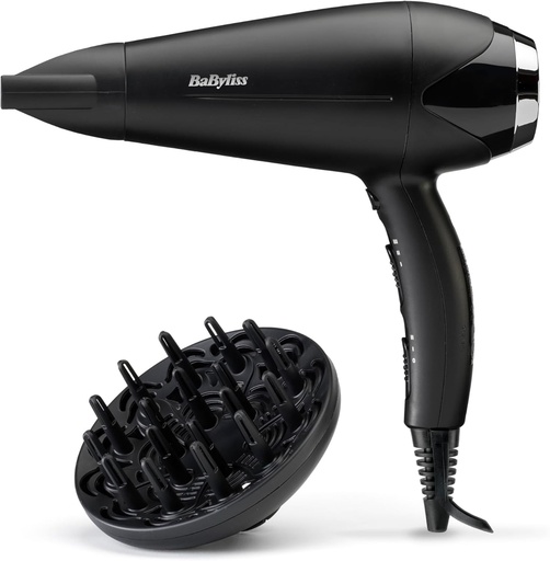 Uscator de par BaByliss Turbo Smooth - Uscator de par puternic de 2200 W, difuzor larg, tehnologie ionica anti-incretire, 3 setari de temperatura si 2 setari de viteza, negru, D572DE
