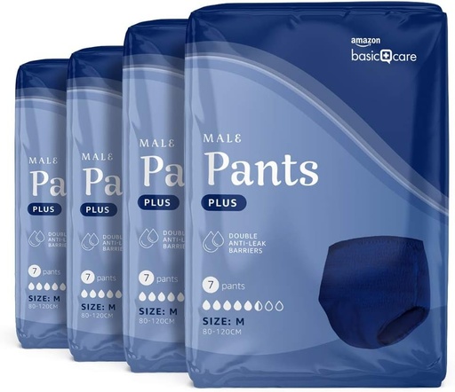 Pantaloni pentru barbati Amazon Basic Care Plus Medium – 4 pachete de 7 (28 de pantaloni), albastri