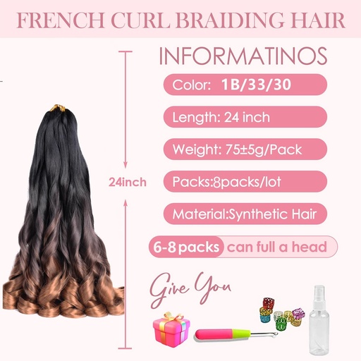 Extensii de par frantuzesc ondulat, 24 inch, 8 pachete, pre-intins, ondulat, elastic, pentru impletituri, extensii de par sintetice cu varfuri spaniole, pentru impletitura (1B/33/30)