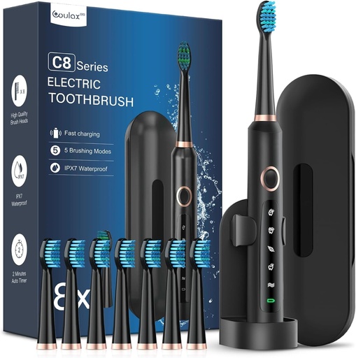 Periute de dinti electrice sonice cu 8 capete de periuta - Periuta de dinti electrica pentru adulti cu husa de calatorie, 5 moduri si impermeabilitate IPX7, periute de dinti electrice cu ultrasunete pentru familie si calatorii, roz cires