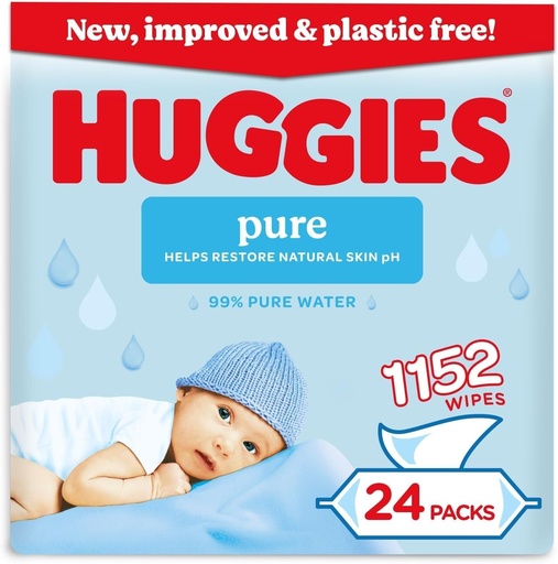 Servetele umede Huggies Pure Plastic Free pentru bebelusi – Servetele umede cu 99% apa, fara parfum, hipoalergenice, curatare mai buna, moi si blande cu pielea delicata a bebelusilor – Pachet de 24 (1152 servetele)