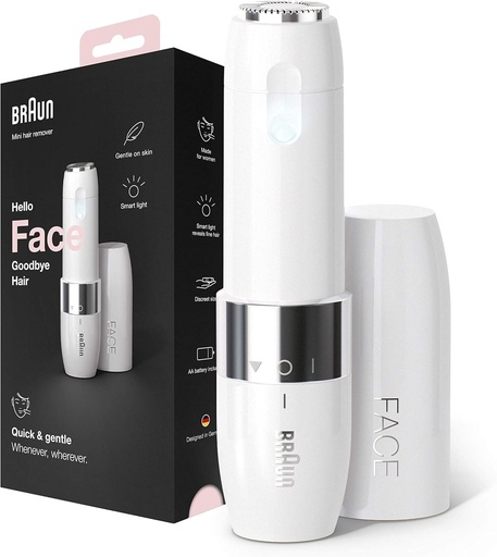 Epilator facial Braun Mini FS1000 pentru femei, cu lumina inteligenta incorporata, epilator facial de precizie, buza superioara, barbie si obraji, alb