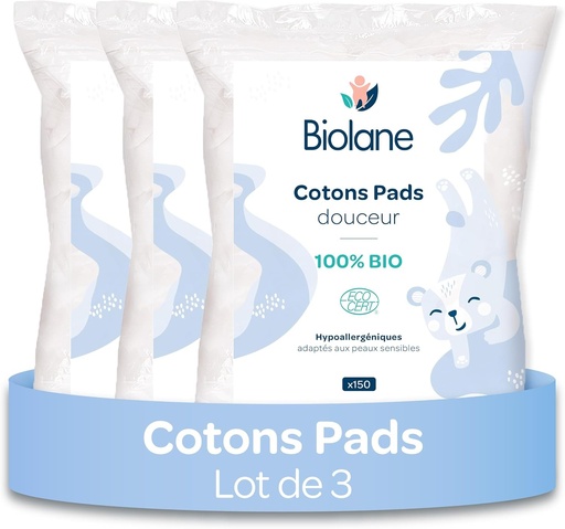 BIOLANE - Pachet de 3 dischete umede din bumbac moale - Bebelusi - 100% organic - 150 de dischete - Piele sensibila - Articole de schimbare a scutecelor si toaleta - De la nastere - Fabricat in Franta