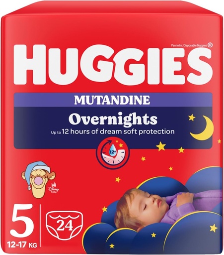 Scutece Huggies Overnight pentru baieti, marimea 5 (12-17 kg), absorbante pentru noapte, design Disney, pachet de 24