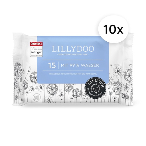 Servetele umede LILLYDOO 99% apa, 150 bucati (10 x 15), 100% fara plastic, fara parfum si delicate ca apa si bumbacul