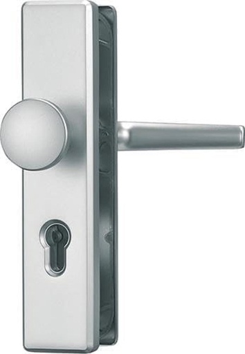 Feronerie usa ABUS KLS114 - pentru usi de apartament cu o distanta de 72 mm intre centre - maner interior, buton exterior - pentru usi cu deschidere la stanga si la dreapta - aprobat VdS - F1 (aluminiu natural)