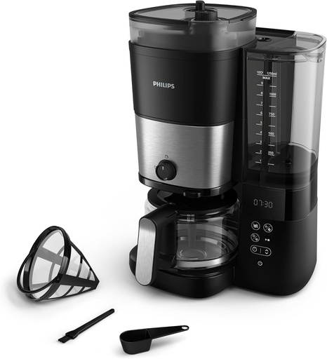 Espressor de cafea cu filtru Philips All-in-1 - Rasnita conica integrata pentru boabe proaspete - Preparare intr-o carafa de sticla de 1,25 l sau direct intr-o ceasca, cu selectie a intensitatii (HD7900/50)