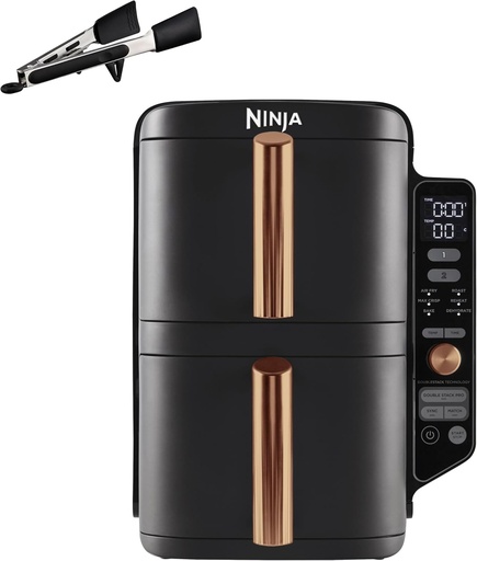 Friteuza cu aer NINJA Double Stack XL, 2 compartimente verticale, compacta, 4 niveluri de gatire, capacitate 9,5 l, friteuza cu aer 6 in 1, componente detasabile antiaderente, lavabila in masina de spalat vase, negru/cupru