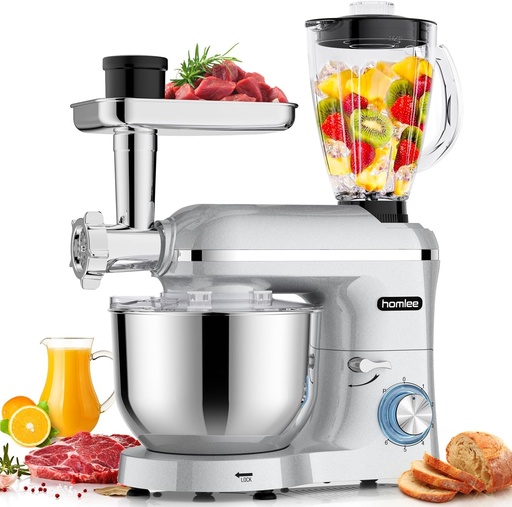 Mixer stand Homlee 3 in 1, robot de bucatarie multifunctional de 1800 W, cu masina de tocat carne, storcator de 1,5 L, kit pentru carnati, 3 placi de macinat, bol din otel inoxidabil de 5,5 L (argintiu)
