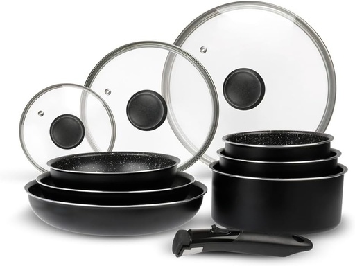 Set de vase de gatit Sitram 713499 din aluminiu, 10 piese: 3 tigai (diametru 20, 24, 28 cm) + 3 cratite (diametru 16, 18, 20 cm) + 3 capace de sticla (diametru 16, 20, 24 cm) + maner detasabil, potrivit pentru toate plitele, inclusiv cele cu inductie