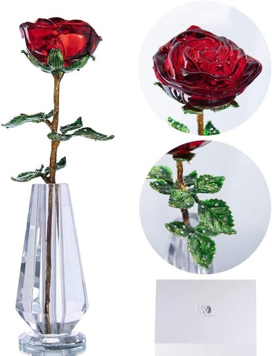 Figurina H&D cu trandafir rosu din cristal si ornament din sticla cu frunza verde, cadou pentru doamna