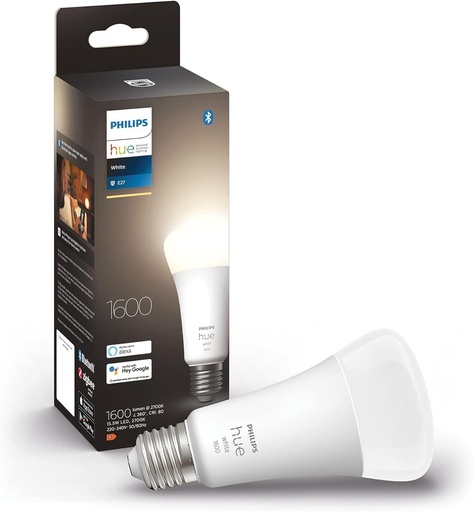 Bec LED Philips Hue White E27, 1600lm, alb cald, reglabil intensitatea luminii, controlabil prin aplicatie, compatibil cu Amazon Alexa (Echo, Echo Dot), generatie mai veche