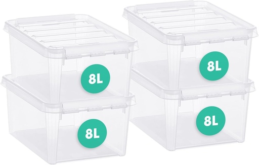 SmartStore - 4x Cutii de depozitare din plastic clasice de 8L cu capac (34x25x16cm) | Stivuibile si de calitate alimentara | Cutie din plastic cu capac si colturi intarite 