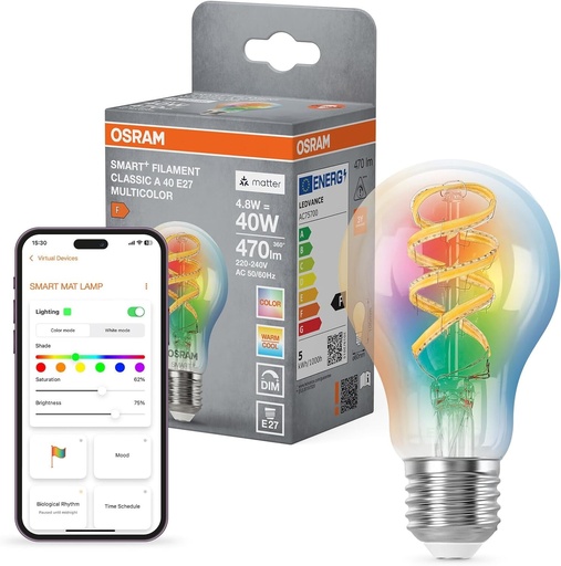 Lampa LED Osram SMART+, forma de bec A40 RGBW E27, filament, Matter-ready, controlabila prin aplicatie, multicolora, conexiune WiFi, 2700–6500 K