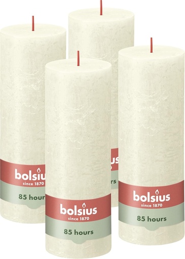 Bolsius - Lumanare rustica tip pilon - Ivory - Set de 4 - Timp de ardere 85 de ore - Decorativa - Fara parfum - 19 cm - Ceara vegana naturala - Fara ulei de palmier