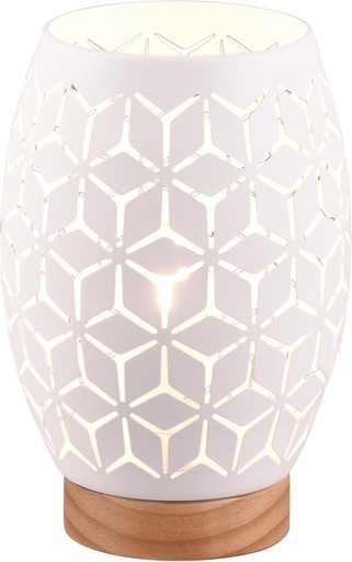 Lampa de masa Reality Leuchten Bidar R51571031, metal alb mat, lemn natural, excluzand 1x bec E27.