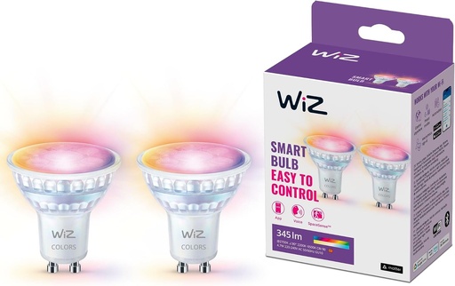 Spoturi LED WiZ GU10 reglabile, alb si colorat, pachet de 2 (345 lm), spoturi din sticla de 50 W cu 16 milioane de culori sau lumina reglabila de la alb cald la alb rece, control inteligent al luminii prin Wi-Fi, prin voce/aplicatie