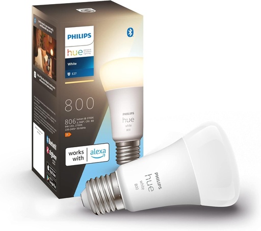 Bec LED Philips Hue White E27, pachet de 1 (806 lm), cu intensitate reglabila pentru sistemul de iluminat Hue, cu lumina alba calda, control inteligent al luminii prin voce si aplicatie