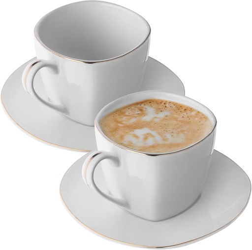 KADAX Cesti si farfurioare din portelan, set elegant de 2, 250 ml, cesti si farfurioare din portelan stivuibile pentru ceai, cafea si cappuccino (patrate, albe si aurii)
