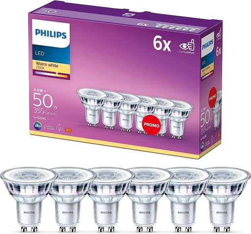 Becuri LED Philips Classic GU10, pachet de 6 (50 W), spoturi LED cu reflector cu lumina alba calda, becuri economice cu durata lunga de viata, alb cald