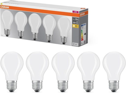 Bec LED OSRAM cu filament, soclu A100, forma de bec, 11W 827, alb cald 2700K, E27, mat, 1521 lm, lumina instantanee 100%, alb