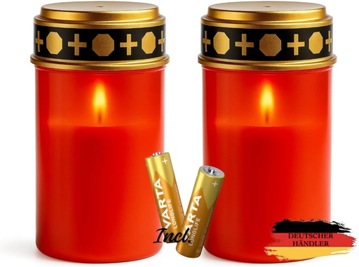 Lumini LED NECESITAS pentru mormant, set de 2 – Lumina vesnica cu efect palpaitor ca o lumanare adevarata – Pana la 6 luni de iluminare – Baterii incluse – Rezistente la intemperii si reutilizabile – Pentru morminte si comemorative pentru animale de companie cu temporizator de 6h/18h