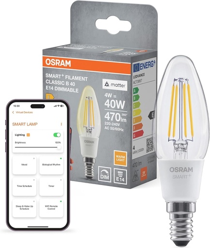 Bec LED Osram SMART+ B40, forma de lumanare E14, filament transparent, alb cald 2700 K, reglabil intensitate, compatibil cu Alexa, Google Home, Matter prin WiFi