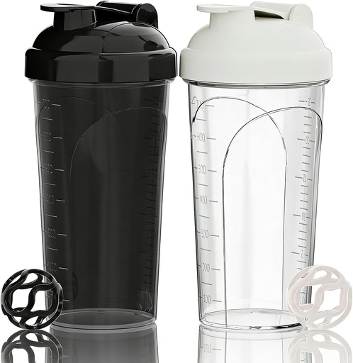 PZMLOASN Sticle Shaker Proteice 700ml, Pachet de 2 - Capac cu filet etans - Fara BPA, Fabricate din material sigur pentru biberoane, pentru barbati si femei (Negru+Alb)