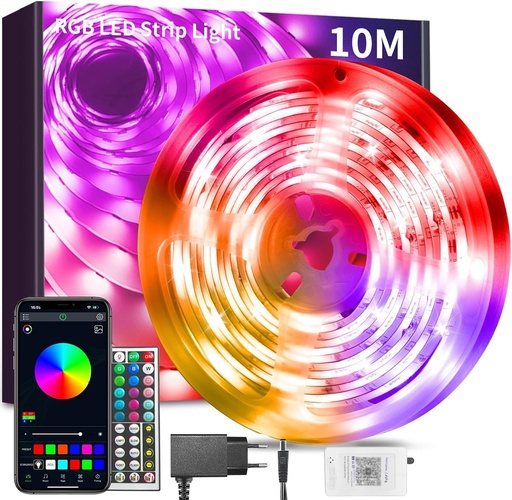 Banda luminoasa LED BATHEBRIGHT RGB de 10 m cu telecomanda, Bluetooth, sincronizare muzica, setare temporizator, intensitate reglabila, cu schimbare de culoare, banda luminoasa LED pentru casa si petreceri