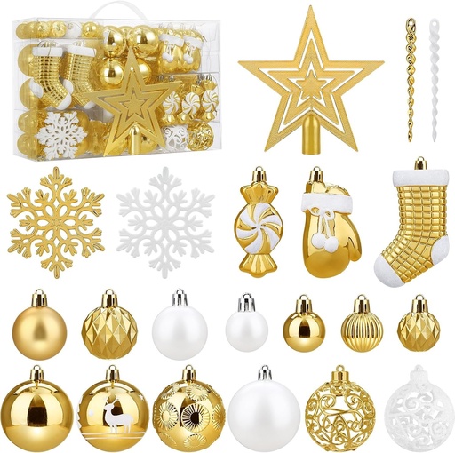 Set SOLEDI® de 128 de globuri de Craciun din plastic alb premium cu varf in forma de stea - Set de decoratiuni pentru bradul de Craciun robust si sigur cu bucle de agatare - Globuri de Craciun colorate, decoratiuni de Craciun reutilizabile