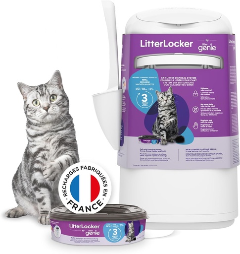 Litter Genie - Litter Locker Fashion - cos de gunoi pentru pisici care controleaza mirosurile. Usor de curatat, include o lingura. Include 1 reumplere XL pentru 3 luni. Compact si usor de utilizat.