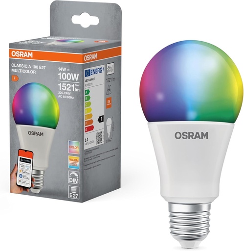 Bec LED OSRAM SMART+ RGBW E27 cu Matter over Wifi, special conceput pentru ALEXA, inlocuieste 100W, 2700-6500K, 16 milioane de culori RGB, pachet de 1 (nu este compatibil cu aplicatia SMART+)