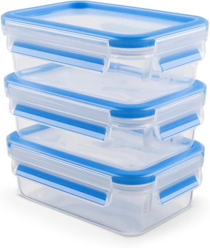 Set de recipiente pentru depozitarea alimentelor EMSA Clip & Close, dreptunghiulare, 3 x 0,55 L, cutii de depozitare, 100% etanse, potrivite pentru masina de spalat vase, congelator si cuptor cu microunde, transparente, albastre, fabricate in Germania, N10312