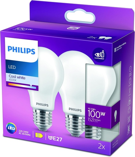 Bec LED Philips standard E27 100W, sticla mata alb rece, pachet de 2