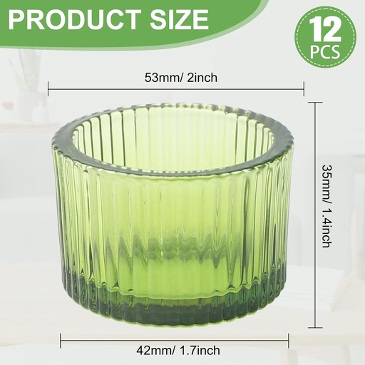 12 bucati suporturi pentru lumanari din sticla verde, suport pentru lumanari tip pastila cu dungi verticale din sticla, suport pentru lumanari tip pastila vintage, suport pentru piesa centrala de masa, suport romantic pentru decoratiuni de mese de nunta