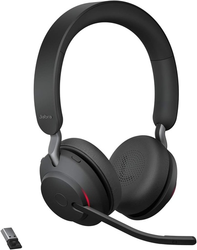 Căști stereo wireless Jabra Evolve2 65 pentru PC cu anulare a zgomotului - Certificate pentru platforme UC - Durată lungă de viață a bateriei - Adaptor Bluetooth USB-A - Negru
