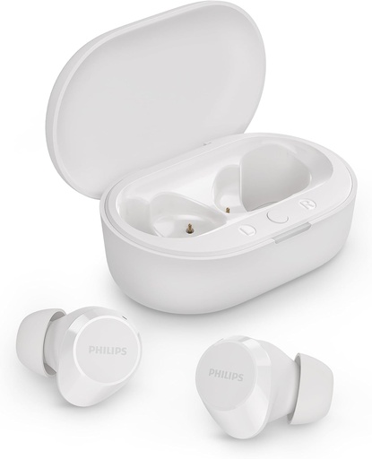 Căști intraauriculare Bluetooth True Wireless PHILIPS TAT1209WT - Căști intraauriculare mici, valoare excelentă, sunet natural cu bas dinamic, apeluri clare și carcasă de încărcare de buzunar - Alb