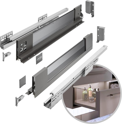GTV - Sistem de sertare AXIS PRO | Sertar cu laterale din sticlă | Sertar | Sistem de sertare | Înălțime: 84 mm Lungime: 400 mm | Antracit cu sticlă fumurie