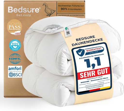 Pilotă din puf BEDSURE 220x240 cm - Pilotă caldă de iarnă din 90% puf / 10% pene, umplutură groasă de 2320 g, Pilotă extra caldă din pene cu certificat Oeko-Tex, Pilotă lavabilă, Alb