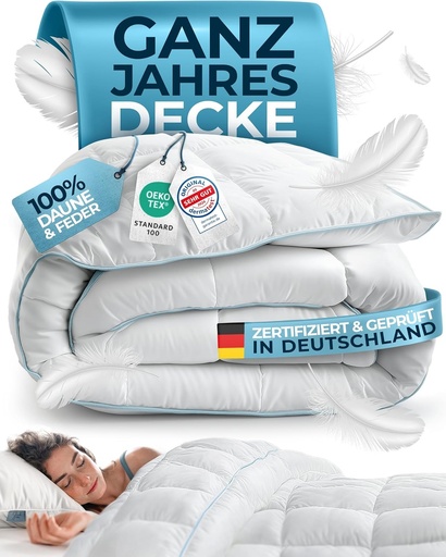 Glückstoff® Pilotă din pene și puf 135x200cm [Certificată în Germania] - Pilotă din puf și pene - Topper pentru pilotă din pene - Pătură de dormit, Husă, Pilotă de vară și iarnă - Pilotă (Pilotă pentru toate anotimpurile)