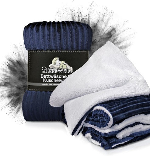 Set de lenjerie Sheepwell® Fluffy Plush, albastru marin, alb, 135x200, față de pernă 80x80, lenjerie de iarnă, lenjerie de pat pentru copii, lenjerie de pat din blană, confortabilă și călduroasă, flanel, moale și pufoasă, nu necesită călcare