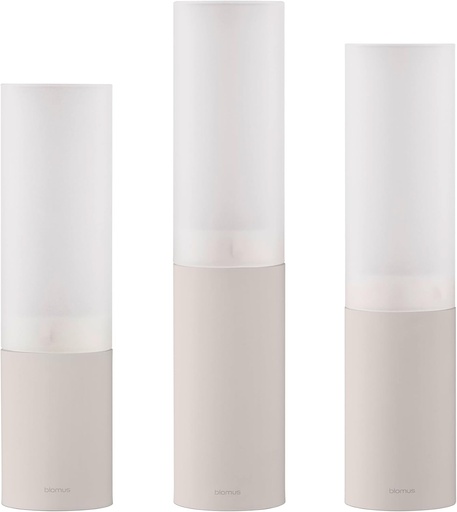 Set de 3 suporturi pentru lumânări tip pastilă Blomus - FARO - | Culoare Moonbeam | Suporturi elegante pentru lumânări tip pastilă din sticlă și oțel inoxidabil | Design elegant bej | Pentru iluminat atmosferic | Înălțime 19, 21, 23 cm, diametru 5 cm