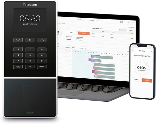 Terminal de pontaj și prezență TimeMoto TM-616 bazat pe cloud cu cititor de carduri RFID și PIN, pentru până la 200 de utilizatori, pontaj, gestionare a timpului, control al prezenței și raportare a orelor lucrate