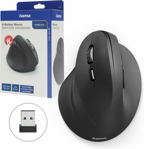 Hama | Mouse wireless ergonomic (mouse vertical wireless pentru utilizatori stângaci, ergonomic, până la 1800 dpi, pentru a preveni durerile la încheietura mâinii) negru