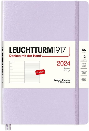 LEUCHTTURM1917 367772 Agenda și caiet săptămânal cu copertă moale, mărime medie (A5), 2024, 12 luni, liliac, engleză